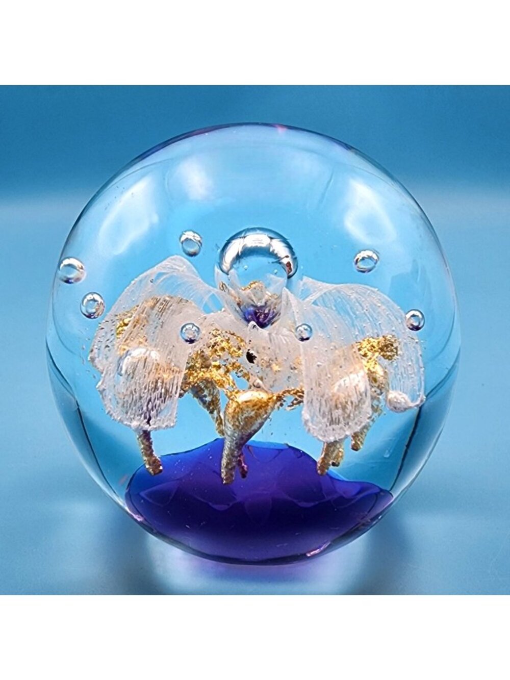 Art Glass Paperweight Purple With Flowers Controlled Bubbles Murano Style Decor
